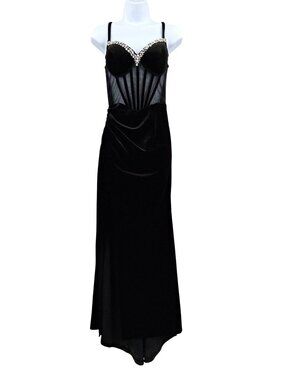 Adyce Vintage Black Velvet Rhinestone Corset Maxi Dress With Lace-Up Back Small